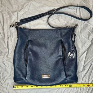 Michael Kors‎ Womens Purse Blue Soft Pebbled Leather Shoulder Bag Front Zippers